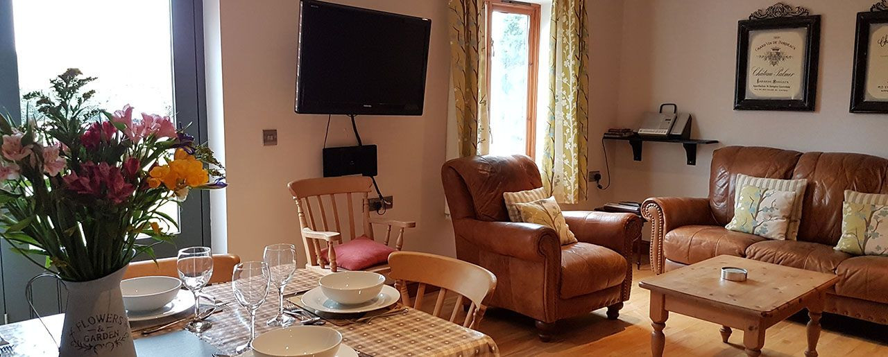 Accommodation for wheelchair users with an open plan lounge, ktchen and  dining area.